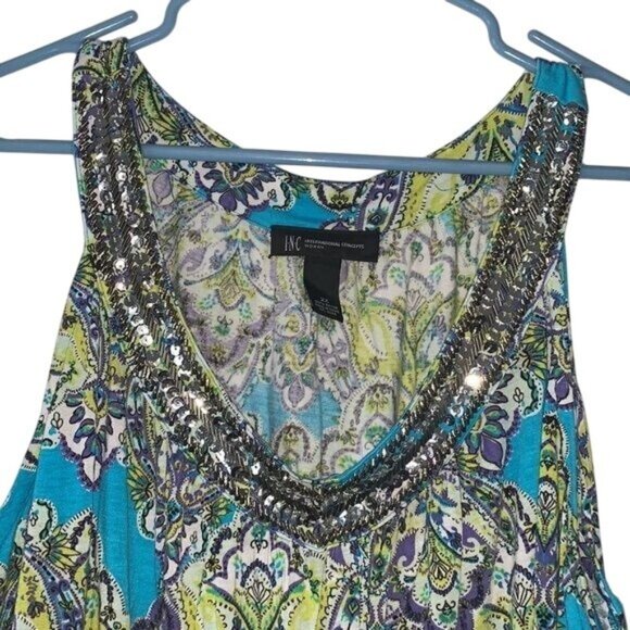 INC Blue & Green Paisley Sequin Neckline Sleeveless Top Womens 2X Rayon - Picture 3 of 6